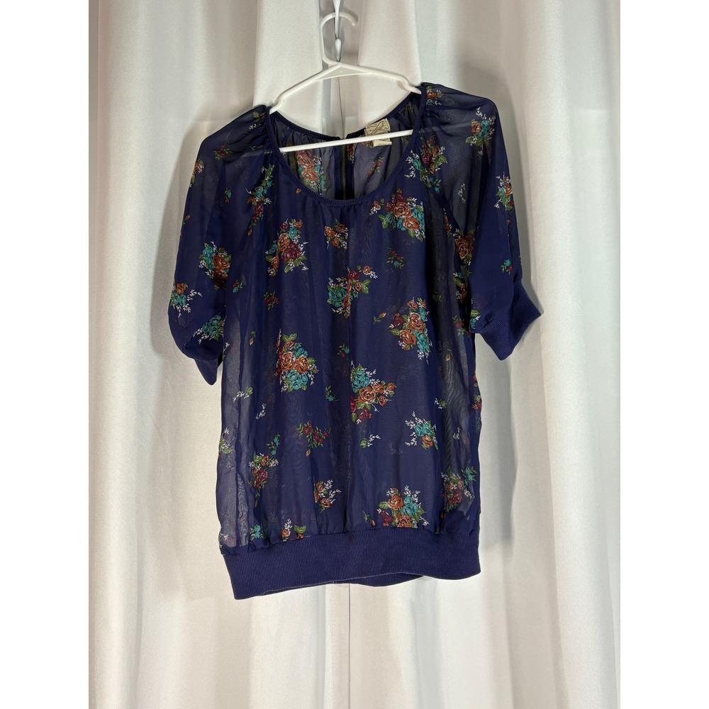 Eyelash Couture Navy Floral Sheer Blouse Short Puff Sleeve Hem Large WC0056